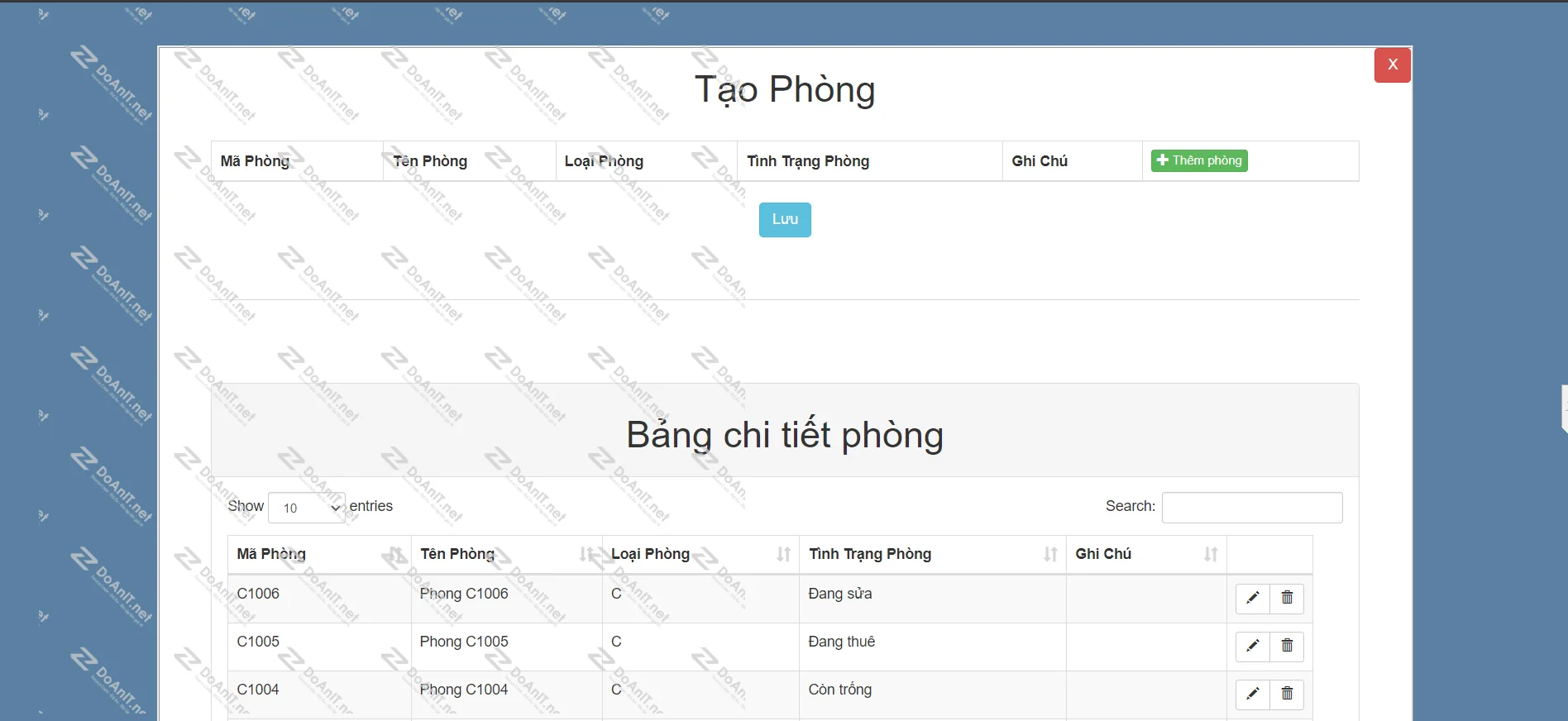 Trang quản lý phòng